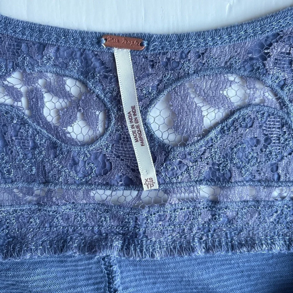 Free People XS Blue Henley Lace-up Long Sleeve Paisley Shirt Top Peasant Boho‎
